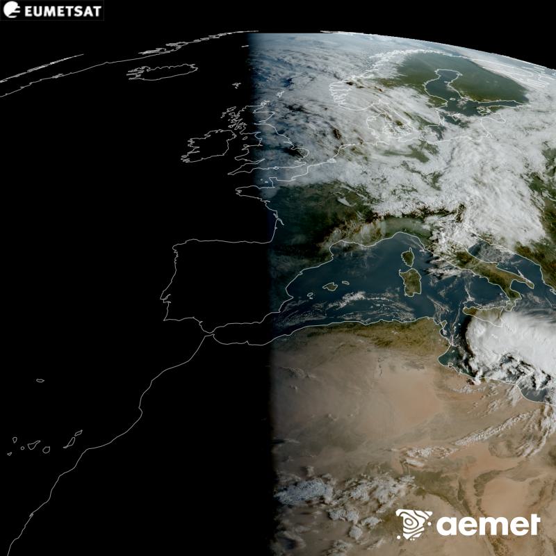 Esta imaxe RGB x�rase utilizando informaci�n das canles visibles do sat�lite METEOSAT-12, pertencente � terceira xeraci�n de sat�lites Meteosat (MTG). Por ese motivo, s� hai informaci�n na zona iluminada polo sol. M�stranos unha imaxe cunha aparencia moi similar � que percibir�a o ollo humano desde o espazo. As horas indicadas ref�rense � pen�nsula (unha hora menos nas Illas Canarias).&nbsp;luns, 14 setembro  2026 08:00
