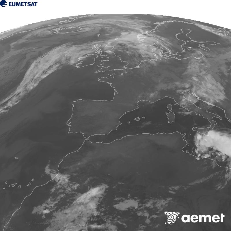 Esta imaxe x�rase utilizando informaci�n da canle Infravermella 10.5 �m do sat�lite METEOSAT-12, pertencente � terceira xeraci�n de sat�lites Meteosat (MTG). Para que a imaxe se asemelle m�is � percepci�n do ollo humano, a escala de grises est� investida. As horas indicadas ref�rense � pen�nsula (unha hora menos nas Illas Canarias).&nbsp;luns, 14 setembro  2026 08:00