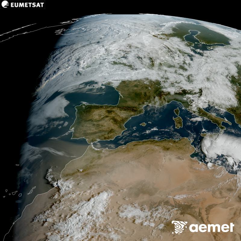 Esta imaxe RGB x�rase utilizando informaci�n das canles visibles do sat�lite METEOSAT-12, pertencente � terceira xeraci�n de sat�lites Meteosat (MTG). Por ese motivo, s� hai informaci�n na zona iluminada polo sol. M�stranos unha imaxe cunha aparencia moi similar � que percibir�a o ollo humano desde o espazo. As horas indicadas ref�rense � pen�nsula (unha hora menos nas Illas Canarias).&nbsp;luns, 14 setembro  2026 09:00