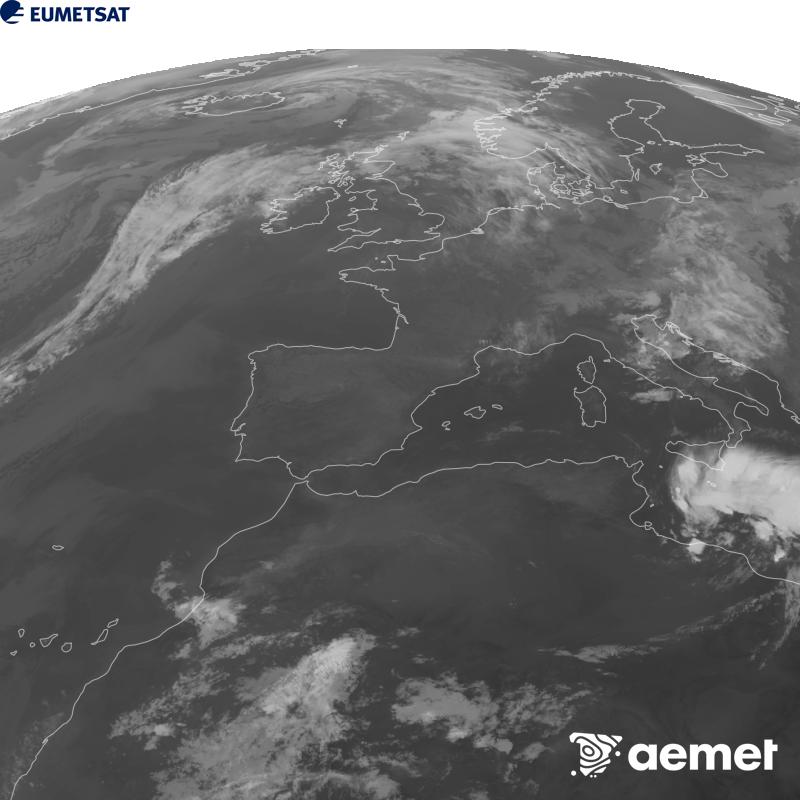 Esta imaxe x�rase utilizando informaci�n da canle Infravermella 10.5 �m do sat�lite METEOSAT-12, pertencente � terceira xeraci�n de sat�lites Meteosat (MTG). Para que a imaxe se asemelle m�is � percepci�n do ollo humano, a escala de grises est� investida. As horas indicadas ref�rense � pen�nsula (unha hora menos nas Illas Canarias).&nbsp;luns, 14 setembro  2026 09:00