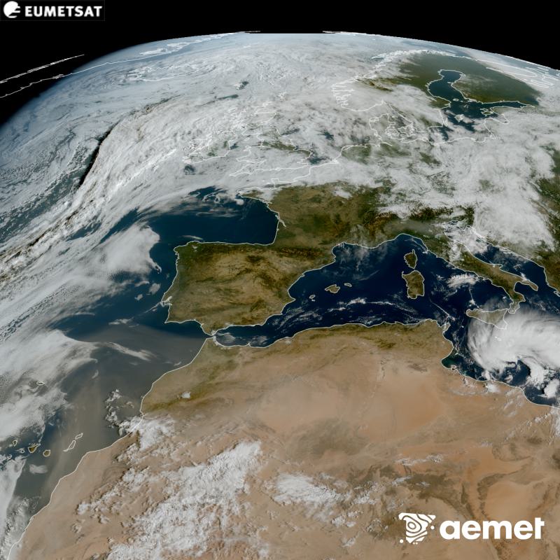 Esta imaxe RGB x�rase utilizando informaci�n das canles visibles do sat�lite METEOSAT-12, pertencente � terceira xeraci�n de sat�lites Meteosat (MTG). Por ese motivo, s� hai informaci�n na zona iluminada polo sol. M�stranos unha imaxe cunha aparencia moi similar � que percibir�a o ollo humano desde o espazo. As horas indicadas ref�rense � pen�nsula (unha hora menos nas Illas Canarias).&nbsp;luns, 14 setembro  2026 10:00