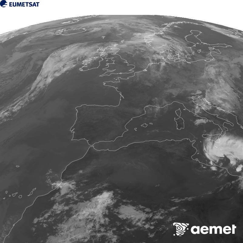 Esta imaxe x�rase utilizando informaci�n da canle Infravermella 10.5 �m do sat�lite METEOSAT-12, pertencente � terceira xeraci�n de sat�lites Meteosat (MTG). Para que a imaxe se asemelle m�is � percepci�n do ollo humano, a escala de grises est� investida. As horas indicadas ref�rense � pen�nsula (unha hora menos nas Illas Canarias).&nbsp;luns, 14 setembro  2026 10:00