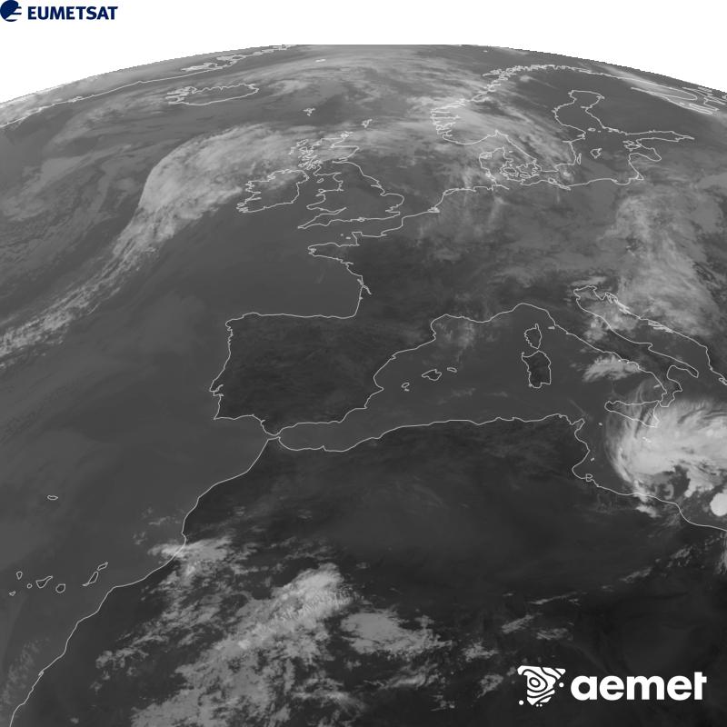 Esta imaxe x�rase utilizando informaci�n da canle Infravermella 10.5 �m do sat�lite METEOSAT-12, pertencente � terceira xeraci�n de sat�lites Meteosat (MTG). Para que a imaxe se asemelle m�is � percepci�n do ollo humano, a escala de grises est� investida. As horas indicadas ref�rense � pen�nsula (unha hora menos nas Illas Canarias).&nbsp;luns, 14 setembro  2026 11:00