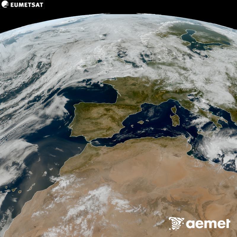 Esta imaxe RGB x�rase utilizando informaci�n das canles visibles do sat�lite METEOSAT-12, pertencente � terceira xeraci�n de sat�lites Meteosat (MTG). Por ese motivo, s� hai informaci�n na zona iluminada polo sol. M�stranos unha imaxe cunha aparencia moi similar � que percibir�a o ollo humano desde o espazo. As horas indicadas ref�rense � pen�nsula (unha hora menos nas Illas Canarias).&nbsp;luns, 14 setembro  2026 12:00