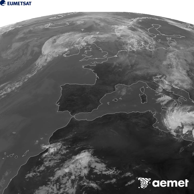 Esta imaxe x�rase utilizando informaci�n da canle Infravermella 10.5 �m do sat�lite METEOSAT-12, pertencente � terceira xeraci�n de sat�lites Meteosat (MTG). Para que a imaxe se asemelle m�is � percepci�n do ollo humano, a escala de grises est� investida. As horas indicadas ref�rense � pen�nsula (unha hora menos nas Illas Canarias).&nbsp;luns, 14 setembro  2026 12:00
