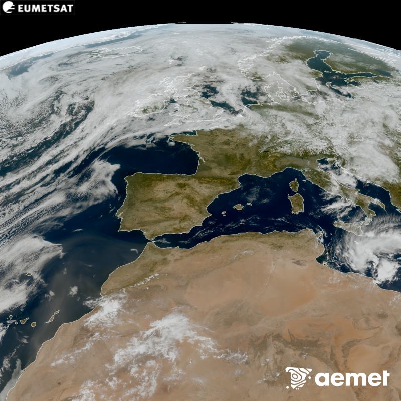 Esta imaxe RGB x�rase utilizando informaci�n das canles visibles do sat�lite METEOSAT-12, pertencente � terceira xeraci�n de sat�lites Meteosat (MTG). Por ese motivo, s� hai informaci�n na zona iluminada polo sol. M�stranos unha imaxe cunha aparencia moi similar � que percibir�a o ollo humano desde o espazo. As horas indicadas ref�rense � pen�nsula (unha hora menos nas Illas Canarias).&nbsp;luns, 14 setembro  2026 13:00