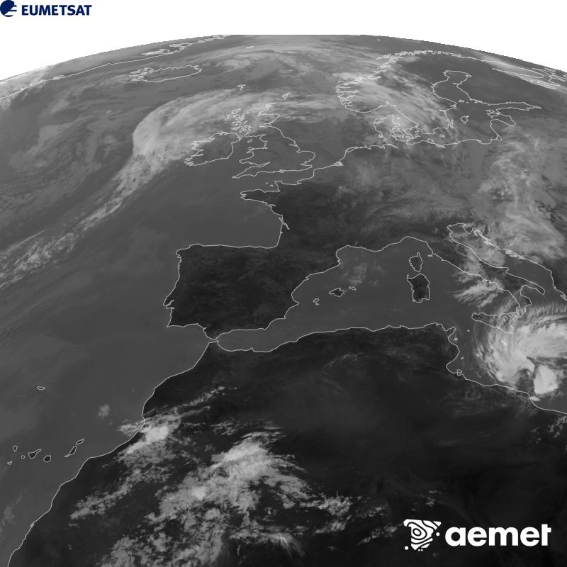 Esta imaxe x�rase utilizando informaci�n da canle Infravermella 10.5 �m do sat�lite METEOSAT-12, pertencente � terceira xeraci�n de sat�lites Meteosat (MTG). Para que a imaxe se asemelle m�is � percepci�n do ollo humano, a escala de grises est� investida. As horas indicadas ref�rense � pen�nsula (unha hora menos nas Illas Canarias).&nbsp;luns, 14 setembro  2026 13:00