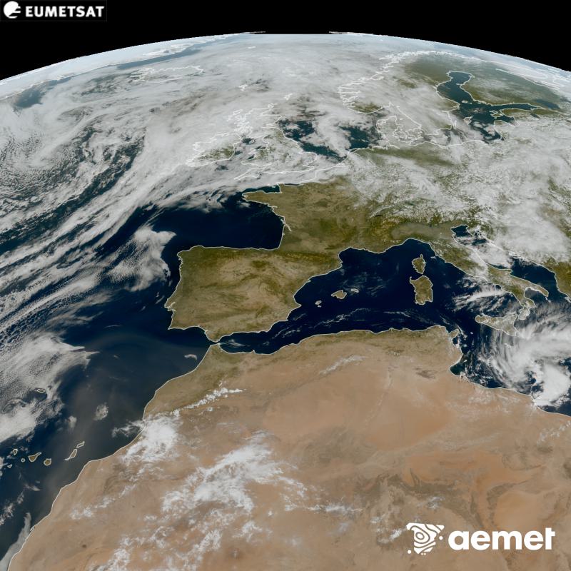 Esta imaxe RGB x�rase utilizando informaci�n das canles visibles do sat�lite METEOSAT-12, pertencente � terceira xeraci�n de sat�lites Meteosat (MTG). Por ese motivo, s� hai informaci�n na zona iluminada polo sol. M�stranos unha imaxe cunha aparencia moi similar � que percibir�a o ollo humano desde o espazo. As horas indicadas ref�rense � pen�nsula (unha hora menos nas Illas Canarias).&nbsp;luns, 14 setembro  2026 14:00