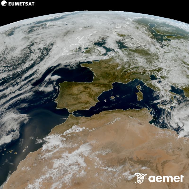 Esta imaxe RGB x�rase utilizando informaci�n das canles visibles do sat�lite METEOSAT-12, pertencente � terceira xeraci�n de sat�lites Meteosat (MTG). Por ese motivo, s� hai informaci�n na zona iluminada polo sol. M�stranos unha imaxe cunha aparencia moi similar � que percibir�a o ollo humano desde o espazo. As horas indicadas ref�rense � pen�nsula (unha hora menos nas Illas Canarias).&nbsp;luns, 14 setembro  2026 16:00