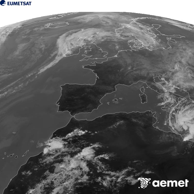 Esta imaxe x�rase utilizando informaci�n da canle Infravermella 10.5 �m do sat�lite METEOSAT-12, pertencente � terceira xeraci�n de sat�lites Meteosat (MTG). Para que a imaxe se asemelle m�is � percepci�n do ollo humano, a escala de grises est� investida. As horas indicadas ref�rense � pen�nsula (unha hora menos nas Illas Canarias).&nbsp;luns, 14 setembro  2026 16:00