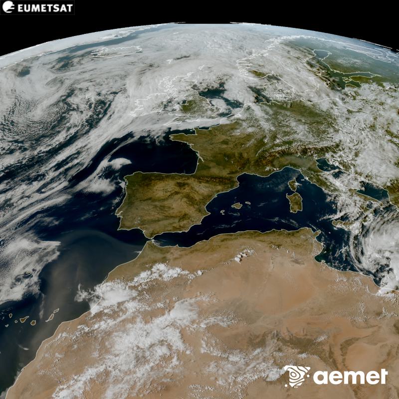 Esta imaxe RGB x�rase utilizando informaci�n das canles visibles do sat�lite METEOSAT-12, pertencente � terceira xeraci�n de sat�lites Meteosat (MTG). Por ese motivo, s� hai informaci�n na zona iluminada polo sol. M�stranos unha imaxe cunha aparencia moi similar � que percibir�a o ollo humano desde o espazo. As horas indicadas ref�rense � pen�nsula (unha hora menos nas Illas Canarias).&nbsp;luns, 14 setembro  2026 17:00