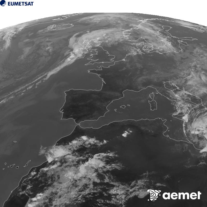 Esta imaxe x�rase utilizando informaci�n da canle Infravermella 10.5 �m do sat�lite METEOSAT-12, pertencente � terceira xeraci�n de sat�lites Meteosat (MTG). Para que a imaxe se asemelle m�is � percepci�n do ollo humano, a escala de grises est� investida. As horas indicadas ref�rense � pen�nsula (unha hora menos nas Illas Canarias).&nbsp;luns, 14 setembro  2026 18:00