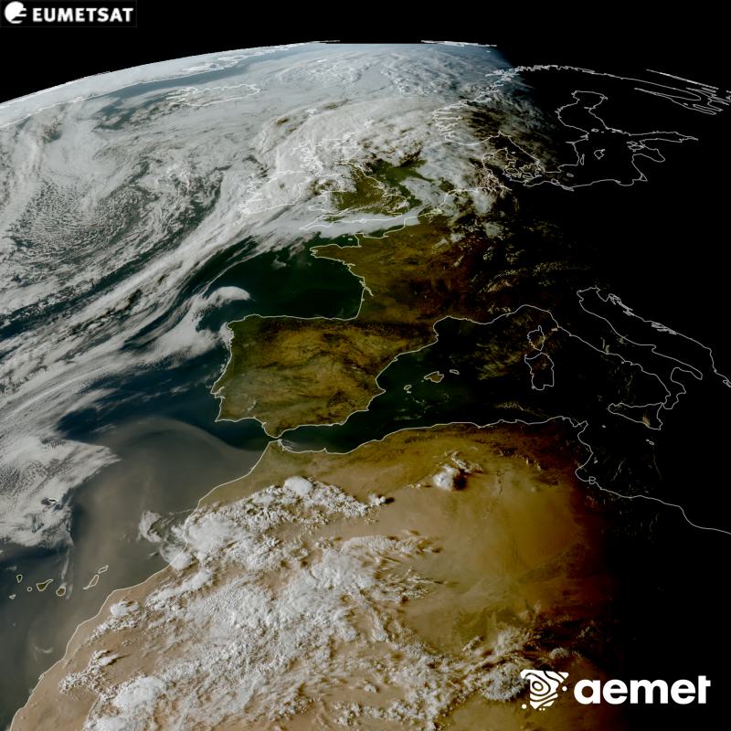 Esta imaxe RGB x�rase utilizando informaci�n das canles visibles do sat�lite METEOSAT-12, pertencente � terceira xeraci�n de sat�lites Meteosat (MTG). Por ese motivo, s� hai informaci�n na zona iluminada polo sol. M�stranos unha imaxe cunha aparencia moi similar � que percibir�a o ollo humano desde o espazo. As horas indicadas ref�rense � pen�nsula (unha hora menos nas Illas Canarias).&nbsp;luns, 14 setembro  2026 19:00