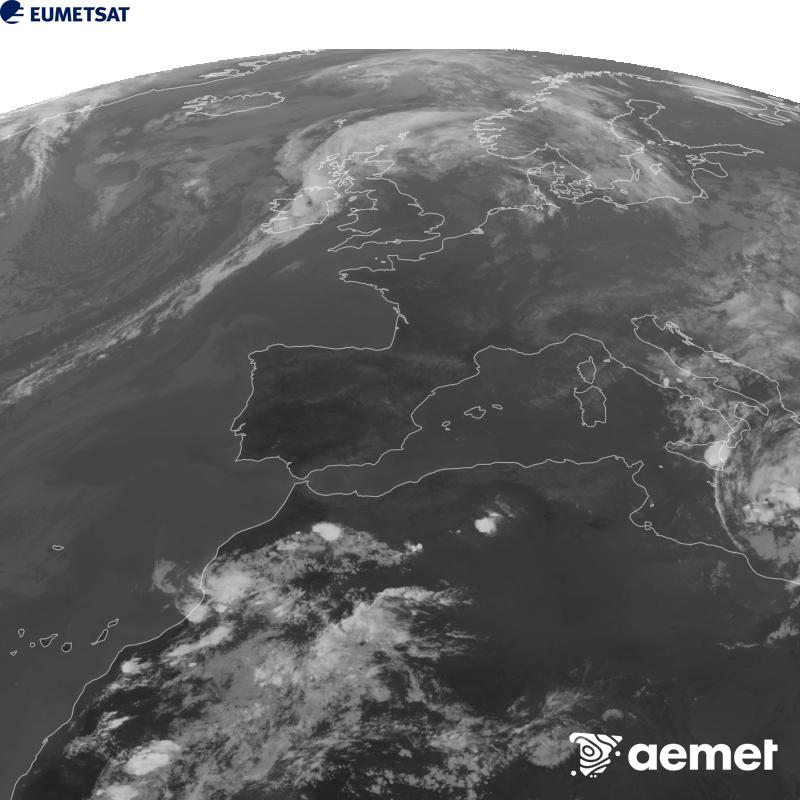 Esta imaxe x�rase utilizando informaci�n da canle Infravermella 10.5 �m do sat�lite METEOSAT-12, pertencente � terceira xeraci�n de sat�lites Meteosat (MTG). Para que a imaxe se asemelle m�is � percepci�n do ollo humano, a escala de grises est� investida. As horas indicadas ref�rense � pen�nsula (unha hora menos nas Illas Canarias).&nbsp;luns, 14 setembro  2026 19:00
