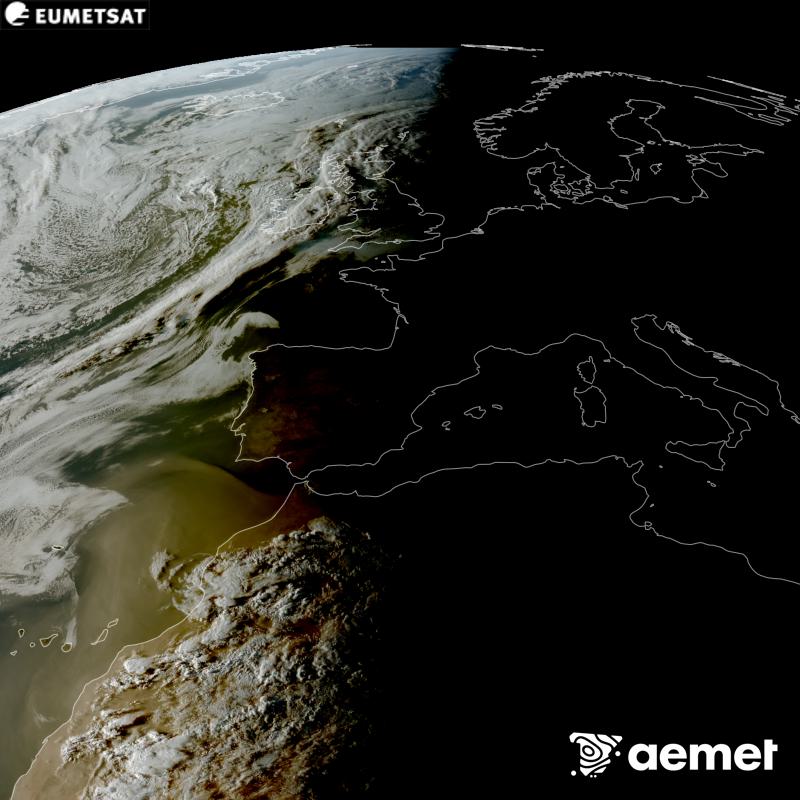 Esta imaxe RGB x�rase utilizando informaci�n das canles visibles do sat�lite METEOSAT-12, pertencente � terceira xeraci�n de sat�lites Meteosat (MTG). Por ese motivo, s� hai informaci�n na zona iluminada polo sol. M�stranos unha imaxe cunha aparencia moi similar � que percibir�a o ollo humano desde o espazo. As horas indicadas ref�rense � pen�nsula (unha hora menos nas Illas Canarias).&nbsp;luns, 14 setembro  2026 20:00