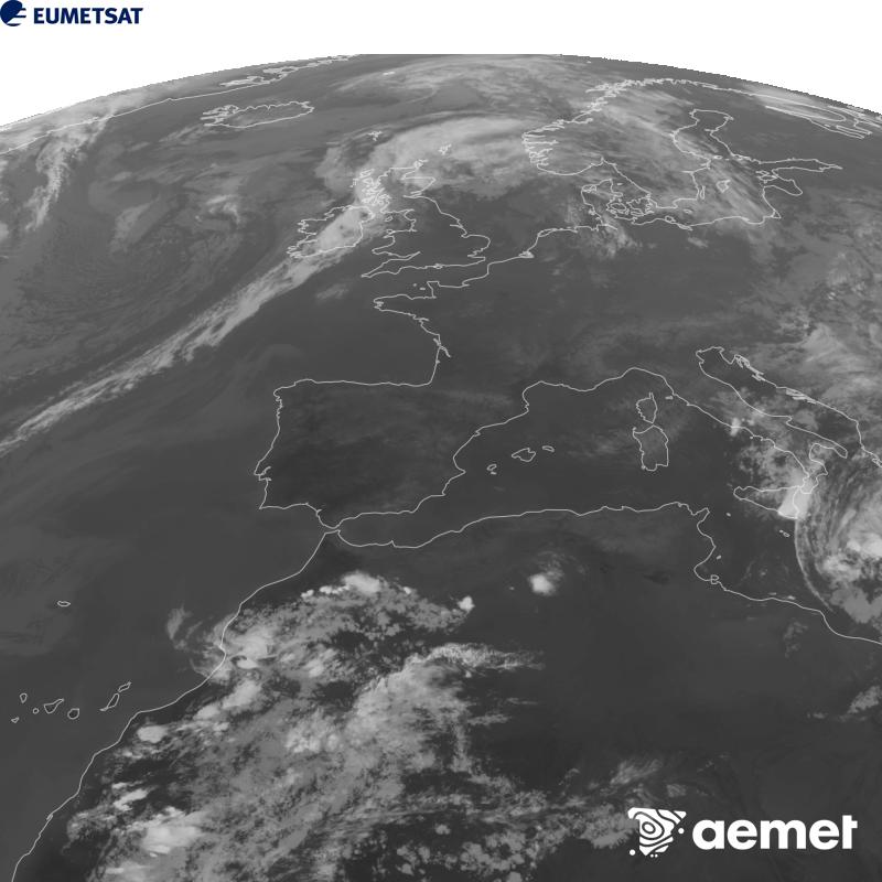 Esta imaxe x�rase utilizando informaci�n da canle Infravermella 10.5 �m do sat�lite METEOSAT-12, pertencente � terceira xeraci�n de sat�lites Meteosat (MTG). Para que a imaxe se asemelle m�is � percepci�n do ollo humano, a escala de grises est� investida. As horas indicadas ref�rense � pen�nsula (unha hora menos nas Illas Canarias).&nbsp;luns, 14 setembro  2026 20:00