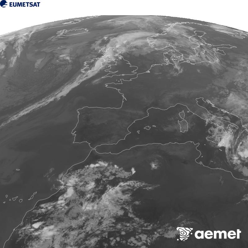 Esta imaxe x�rase utilizando informaci�n da canle Infravermella 10.5 �m do sat�lite METEOSAT-12, pertencente � terceira xeraci�n de sat�lites Meteosat (MTG). Para que a imaxe se asemelle m�is � percepci�n do ollo humano, a escala de grises est� investida. As horas indicadas ref�rense � pen�nsula (unha hora menos nas Illas Canarias).&nbsp;luns, 14 setembro  2026 21:00