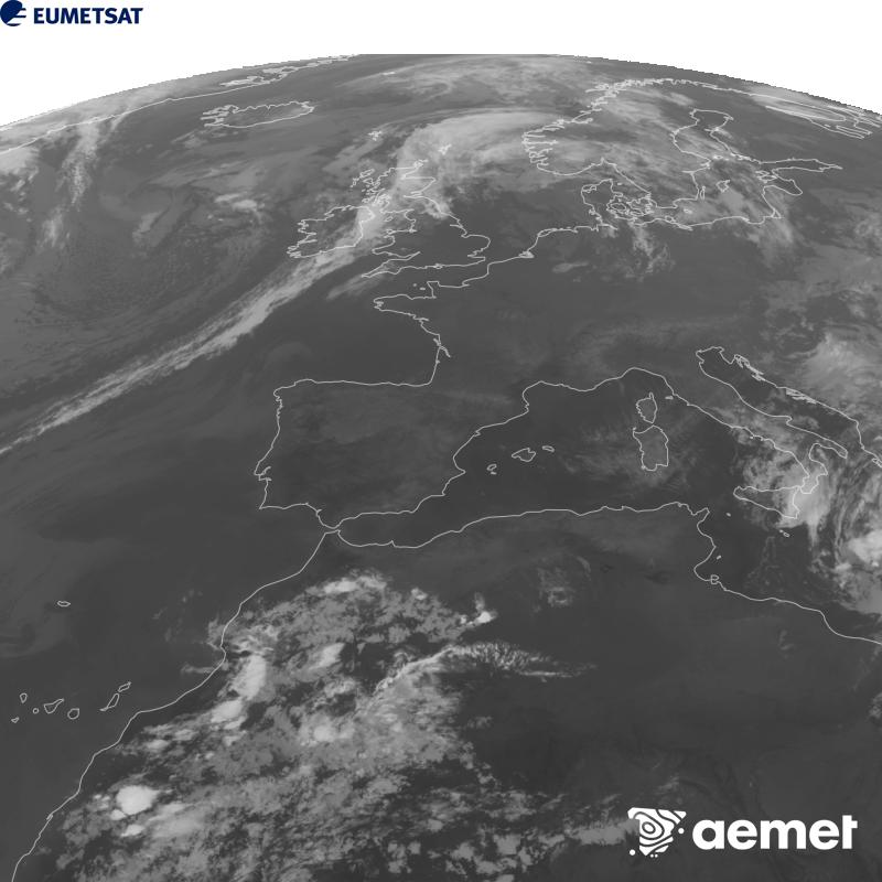 Esta imaxe x�rase utilizando informaci�n da canle Infravermella 10.5 �m do sat�lite METEOSAT-12, pertencente � terceira xeraci�n de sat�lites Meteosat (MTG). Para que a imaxe se asemelle m�is � percepci�n do ollo humano, a escala de grises est� investida. As horas indicadas ref�rense � pen�nsula (unha hora menos nas Illas Canarias).&nbsp;luns, 14 setembro  2026 22:00