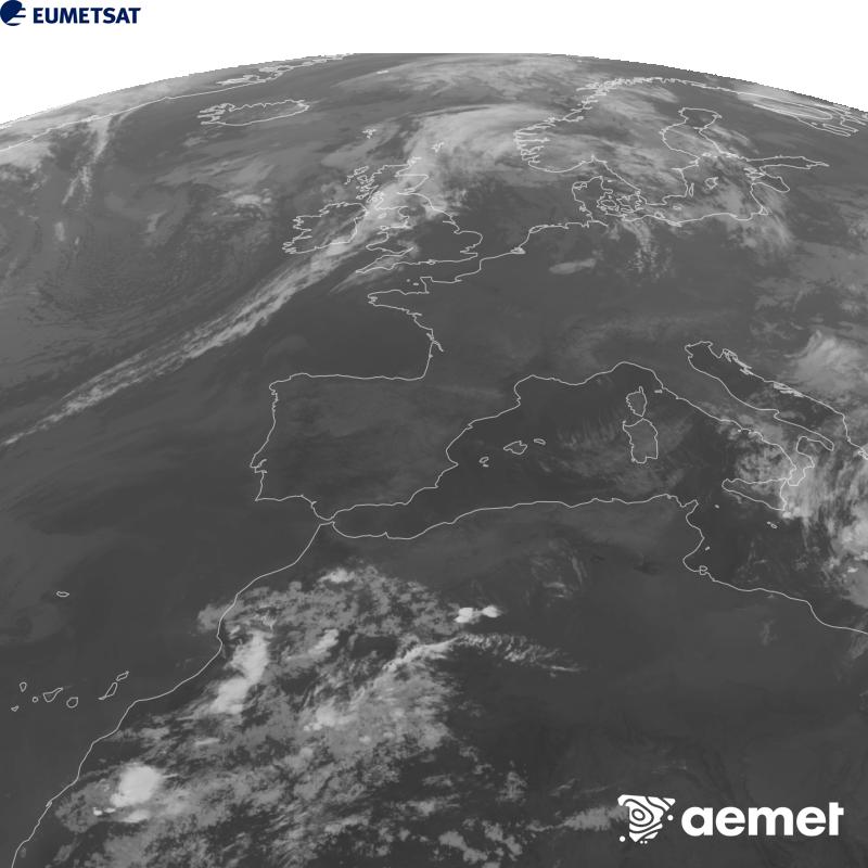 Esta imaxe x�rase utilizando informaci�n da canle Infravermella 10.5 �m do sat�lite METEOSAT-12, pertencente � terceira xeraci�n de sat�lites Meteosat (MTG). Para que a imaxe se asemelle m�is � percepci�n do ollo humano, a escala de grises est� investida. As horas indicadas ref�rense � pen�nsula (unha hora menos nas Illas Canarias).&nbsp;luns, 14 setembro  2026 23:00