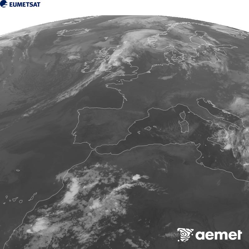 Esta imaxe x�rase utilizando informaci�n da canle Infravermella 10.5 �m do sat�lite METEOSAT-12, pertencente � terceira xeraci�n de sat�lites Meteosat (MTG). Para que a imaxe se asemelle m�is � percepci�n do ollo humano, a escala de grises est� investida. As horas indicadas ref�rense � pen�nsula (unha hora menos nas Illas Canarias).&nbsp;martes, 15 setembro  2026 00:00