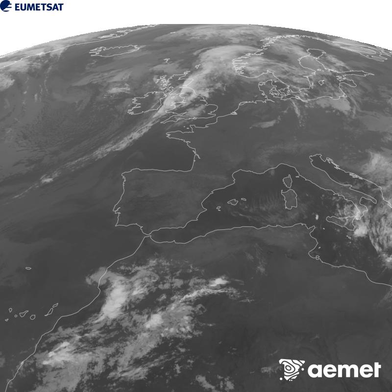 Esta imaxe x�rase utilizando informaci�n da canle Infravermella 10.5 �m do sat�lite METEOSAT-12, pertencente � terceira xeraci�n de sat�lites Meteosat (MTG). Para que a imaxe se asemelle m�is � percepci�n do ollo humano, a escala de grises est� investida. As horas indicadas ref�rense � pen�nsula (unha hora menos nas Illas Canarias).&nbsp;martes, 15 setembro  2026 01:00