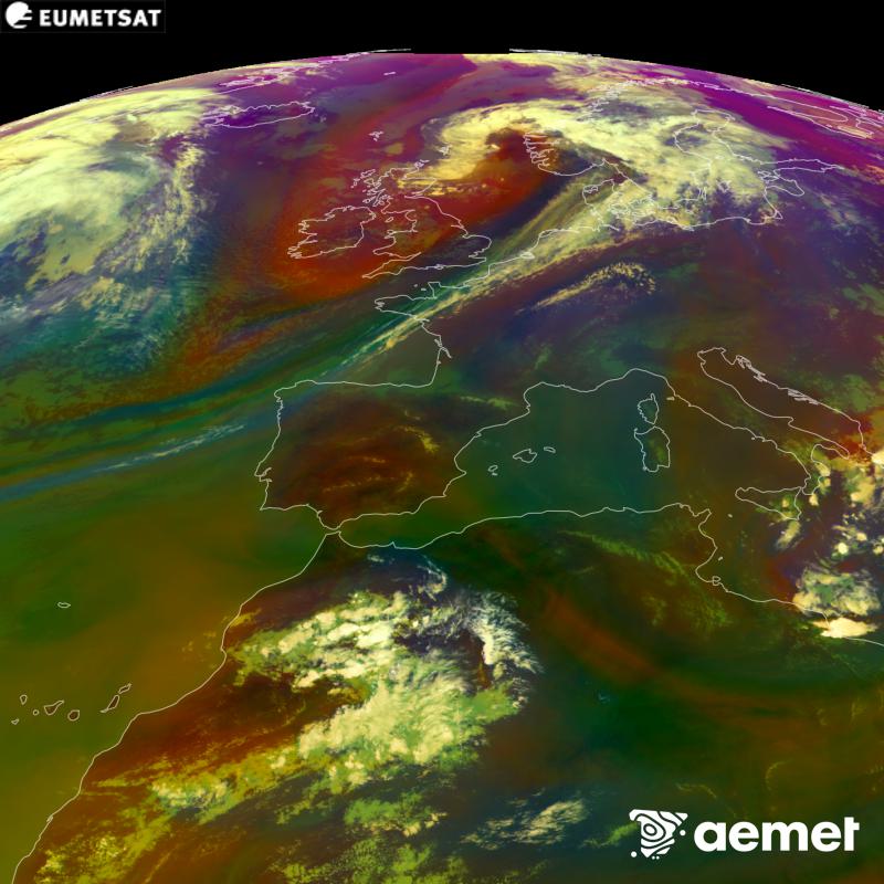 Aquesta imatge RGB es genera utilitzant informaci� de canals infrarojos i de vapor d'aigua del sat�l�lit METEOSAT-12, pertanyent a la tercera generaci� de sat�l�lits Meteosat (MTG). Ens dona una idea de les caracter�stiques de les masses d'aire. Les hores indicades es refereixen a la pen�nsula (una hora menys a les Illes Can�ries).&nbsp;dimarts, 15 de setembre  2026 18:00