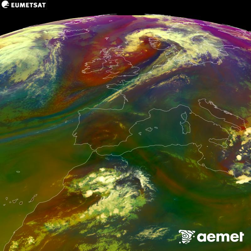 Aquesta imatge RGB es genera utilitzant informaci� de canals infrarojos i de vapor d'aigua del sat�l�lit METEOSAT-12, pertanyent a la tercera generaci� de sat�l�lits Meteosat (MTG). Ens dona una idea de les caracter�stiques de les masses d'aire. Les hores indicades es refereixen a la pen�nsula (una hora menys a les Illes Can�ries).&nbsp;dimarts, 15 de setembre  2026 19:00