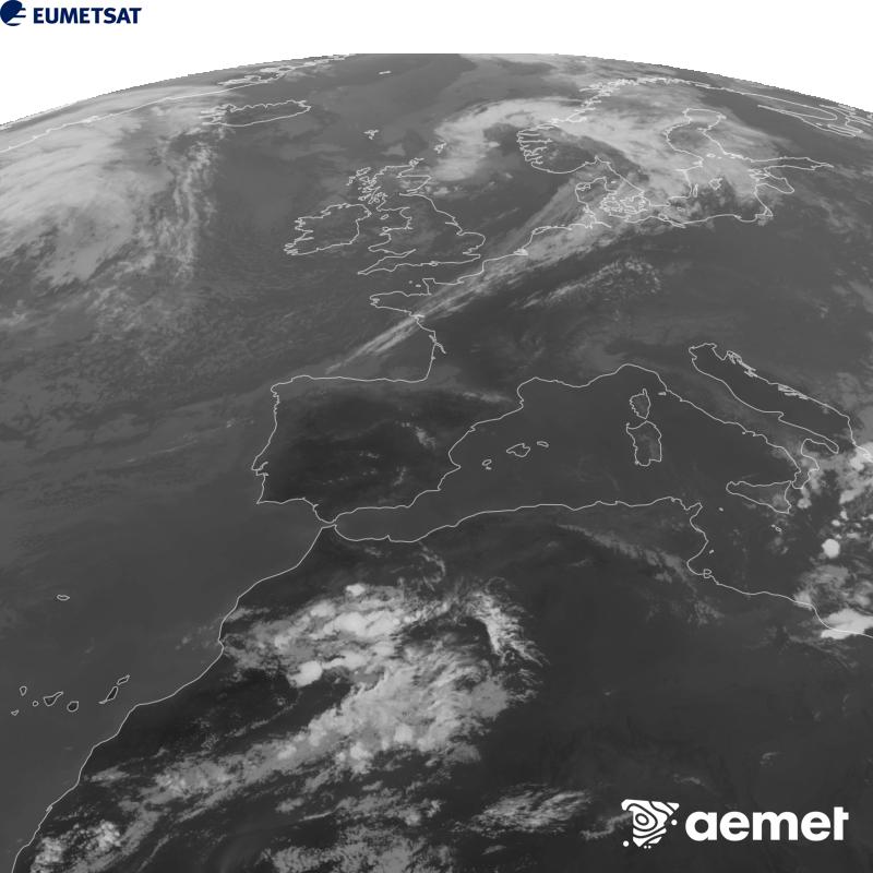 Aquesta imatge es genera utilitzant informaci� del canal Infraroig 10.5 �m del sat�l�lit METEOSAT-12, pertanyent a la tercera generaci� de sat�l�lits Meteosat (MTG). Perqu� la imatge s'assembli m�s a la percepci� de l'ull hum�, l'escala de grises est� invertida. Les hores indicades es refereixen a la pen�nsula (una hora menys a les Illes Can�ries).&nbsp;dimarts, 15 de setembre  2026 19:00