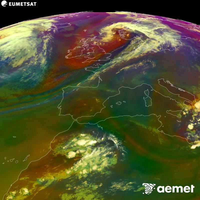 Aquesta imatge RGB es genera utilitzant informaci� de canals infrarojos i de vapor d'aigua del sat�l�lit METEOSAT-12, pertanyent a la tercera generaci� de sat�l�lits Meteosat (MTG). Ens dona una idea de les caracter�stiques de les masses d'aire. Les hores indicades es refereixen a la pen�nsula (una hora menys a les Illes Can�ries).&nbsp;dimarts, 15 de setembre  2026 20:00