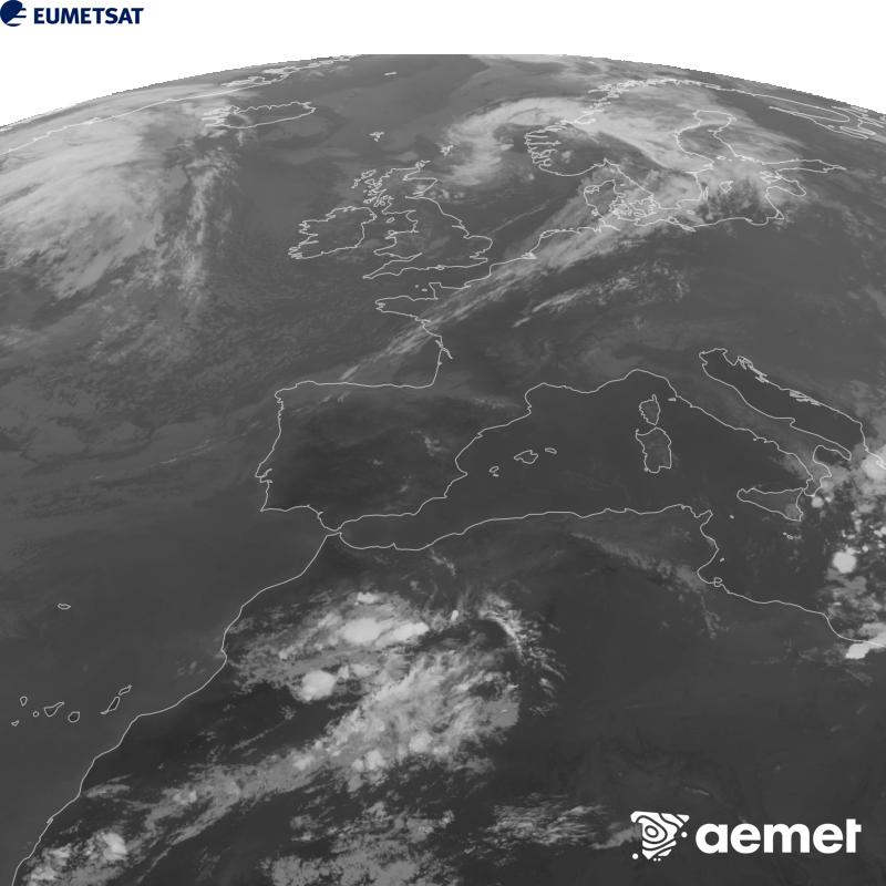 Aquesta imatge es genera utilitzant informaci� del canal Infraroig 10.5 �m del sat�l�lit METEOSAT-12, pertanyent a la tercera generaci� de sat�l�lits Meteosat (MTG). Perqu� la imatge s'assembli m�s a la percepci� de l'ull hum�, l'escala de grises est� invertida. Les hores indicades es refereixen a la pen�nsula (una hora menys a les Illes Can�ries).&nbsp;dimarts, 15 de setembre  2026 20:00