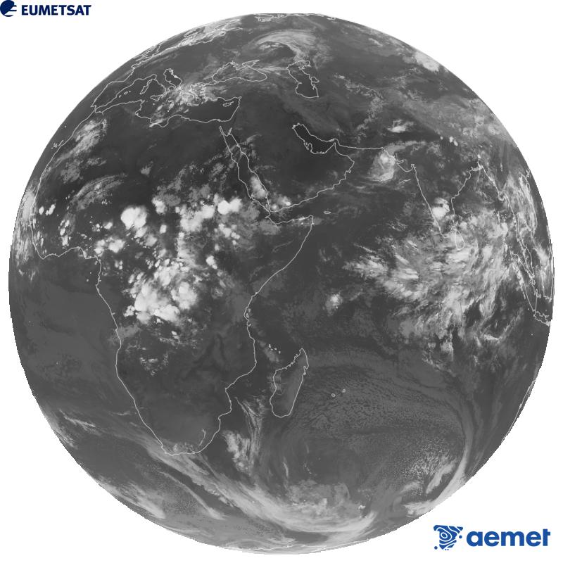 A global image from the infrared channel (wavelength 10.8 �m) of the European geostationary satellite Meteosat-9, part of the second generation of Meteosat satellites. The times shown are for the Iberian Peninsula (one hour earlier in the Canary Islands).&nbsp;Tuesday, 15 September  2026 20:00