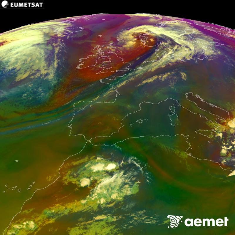 Aquesta imatge RGB es genera utilitzant informaci� de canals infrarojos i de vapor d'aigua del sat�l�lit METEOSAT-12, pertanyent a la tercera generaci� de sat�l�lits Meteosat (MTG). Ens dona una idea de les caracter�stiques de les masses d'aire. Les hores indicades es refereixen a la pen�nsula (una hora menys a les Illes Can�ries).&nbsp;dimarts, 15 de setembre  2026 21:00