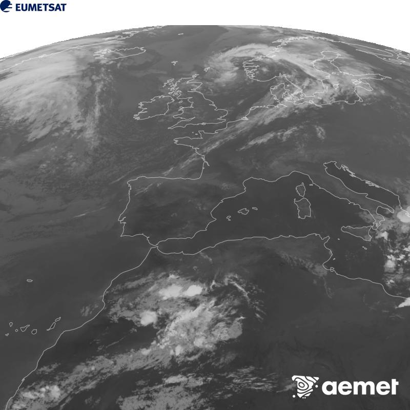 Aquesta imatge es genera utilitzant informaci� del canal Infraroig 10.5 �m del sat�l�lit METEOSAT-12, pertanyent a la tercera generaci� de sat�l�lits Meteosat (MTG). Perqu� la imatge s'assembli m�s a la percepci� de l'ull hum�, l'escala de grises est� invertida. Les hores indicades es refereixen a la pen�nsula (una hora menys a les Illes Can�ries).&nbsp;dimarts, 15 de setembre  2026 21:00