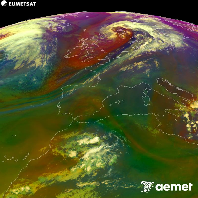 Aquesta imatge RGB es genera utilitzant informaci� de canals infrarojos i de vapor d'aigua del sat�l�lit METEOSAT-12, pertanyent a la tercera generaci� de sat�l�lits Meteosat (MTG). Ens dona una idea de les caracter�stiques de les masses d'aire. Les hores indicades es refereixen a la pen�nsula (una hora menys a les Illes Can�ries).&nbsp;dimarts, 15 de setembre  2026 22:00