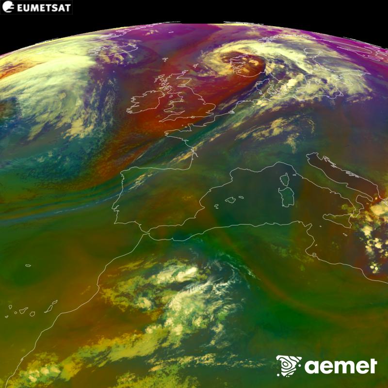 Aquesta imatge RGB es genera utilitzant informaci� de canals infrarojos i de vapor d'aigua del sat�l�lit METEOSAT-12, pertanyent a la tercera generaci� de sat�l�lits Meteosat (MTG). Ens dona una idea de les caracter�stiques de les masses d'aire. Les hores indicades es refereixen a la pen�nsula (una hora menys a les Illes Can�ries).&nbsp;dimarts, 15 de setembre  2026 23:00