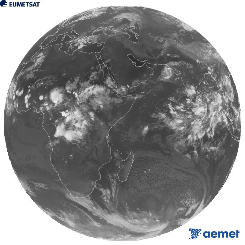 A global image from the infrared channel (wavelength 10.8 �m) of the European geostationary satellite Meteosat-9, part of the second generation of Meteosat satellites. The times shown are for the Iberian Peninsula (one hour earlier in the Canary Islands).&nbsp;Tuesday, 15 September  2026 23:00