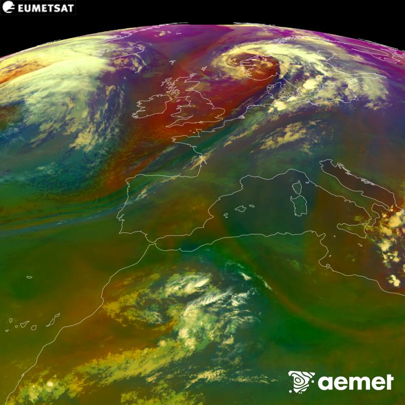 Aquesta imatge RGB es genera utilitzant informaci� de canals infrarojos i de vapor d'aigua del sat�l�lit METEOSAT-12, pertanyent a la tercera generaci� de sat�l�lits Meteosat (MTG). Ens dona una idea de les caracter�stiques de les masses d'aire. Les hores indicades es refereixen a la pen�nsula (una hora menys a les Illes Can�ries).&nbsp;dimecres, 16 de setembre  2026 00:00