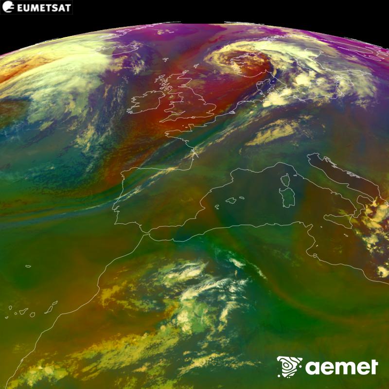 Aquesta imatge RGB es genera utilitzant informaci� de canals infrarojos i de vapor d'aigua del sat�l�lit METEOSAT-12, pertanyent a la tercera generaci� de sat�l�lits Meteosat (MTG). Ens dona una idea de les caracter�stiques de les masses d'aire. Les hores indicades es refereixen a la pen�nsula (una hora menys a les Illes Can�ries).&nbsp;dimecres, 16 de setembre  2026 01:00