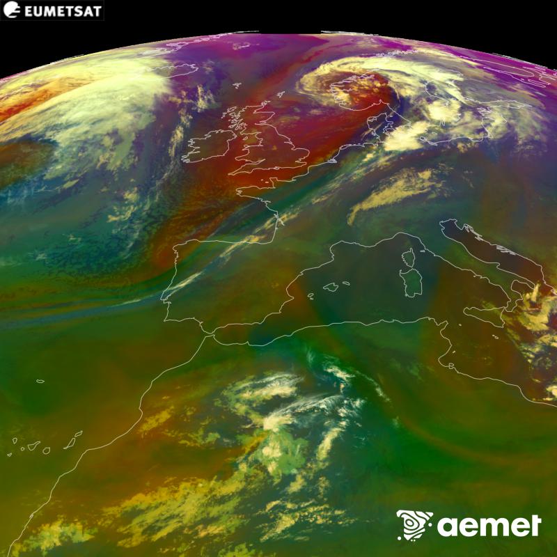 Aquesta imatge RGB es genera utilitzant informaci� de canals infrarojos i de vapor d'aigua del sat�l�lit METEOSAT-12, pertanyent a la tercera generaci� de sat�l�lits Meteosat (MTG). Ens dona una idea de les caracter�stiques de les masses d'aire. Les hores indicades es refereixen a la pen�nsula (una hora menys a les Illes Can�ries).&nbsp;dimecres, 16 de setembre  2026 02:00