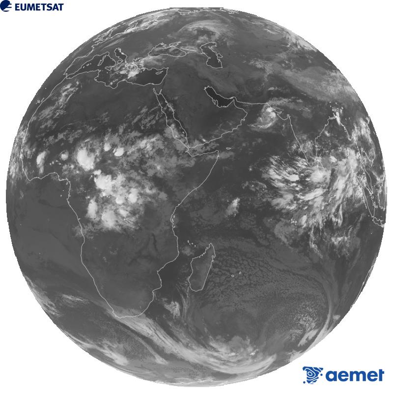 A global image from the infrared channel (wavelength 10.8 �m) of the European geostationary satellite Meteosat-9, part of the second generation of Meteosat satellites. The times shown are for the Iberian Peninsula (one hour earlier in the Canary Islands).&nbsp;Wednesday, 16 September  2026 02:00
