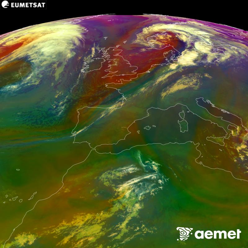 Aquesta imatge RGB es genera utilitzant informaci� de canals infrarojos i de vapor d'aigua del sat�l�lit METEOSAT-12, pertanyent a la tercera generaci� de sat�l�lits Meteosat (MTG). Ens dona una idea de les caracter�stiques de les masses d'aire. Les hores indicades es refereixen a la pen�nsula (una hora menys a les Illes Can�ries).&nbsp;dimecres, 16 de setembre  2026 04:00
