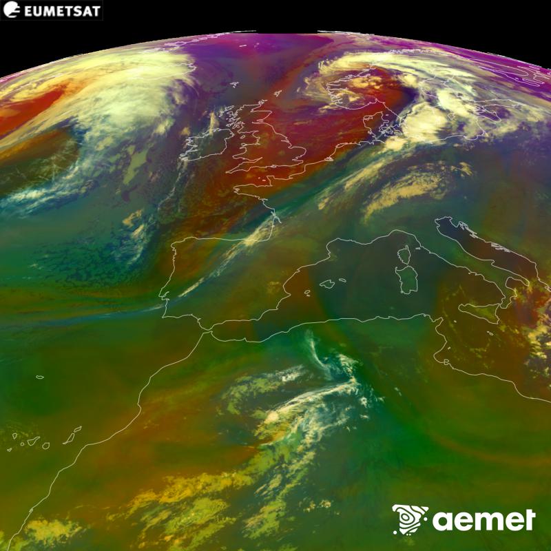 Aquesta imatge RGB es genera utilitzant informaci� de canals infrarojos i de vapor d'aigua del sat�l�lit METEOSAT-12, pertanyent a la tercera generaci� de sat�l�lits Meteosat (MTG). Ens dona una idea de les caracter�stiques de les masses d'aire. Les hores indicades es refereixen a la pen�nsula (una hora menys a les Illes Can�ries).&nbsp;dimecres, 16 de setembre  2026 05:00