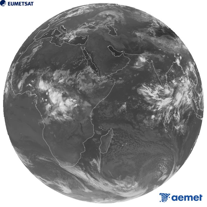 A global image from the infrared channel (wavelength 10.8 �m) of the European geostationary satellite Meteosat-9, part of the second generation of Meteosat satellites. The times shown are for the Iberian Peninsula (one hour earlier in the Canary Islands).&nbsp;Wednesday, 16 September  2026 05:00