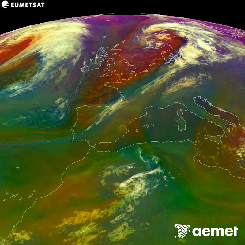 Aquesta imatge RGB es genera utilitzant informaci� de canals infrarojos i de vapor d'aigua del sat�l�lit METEOSAT-12, pertanyent a la tercera generaci� de sat�l�lits Meteosat (MTG). Ens dona una idea de les caracter�stiques de les masses d'aire. Les hores indicades es refereixen a la pen�nsula (una hora menys a les Illes Can�ries).&nbsp;dimecres, 16 de setembre  2026 06:00