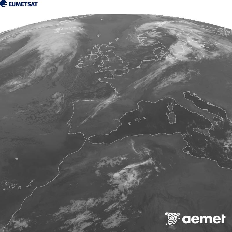 Aquesta imatge es genera utilitzant informaci� del canal Infraroig 10.5 �m del sat�l�lit METEOSAT-12, pertanyent a la tercera generaci� de sat�l�lits Meteosat (MTG). Perqu� la imatge s'assembli m�s a la percepci� de l'ull hum�, l'escala de grises est� invertida. Les hores indicades es refereixen a la pen�nsula (una hora menys a les Illes Can�ries).&nbsp;dimecres, 16 de setembre  2026 06:00