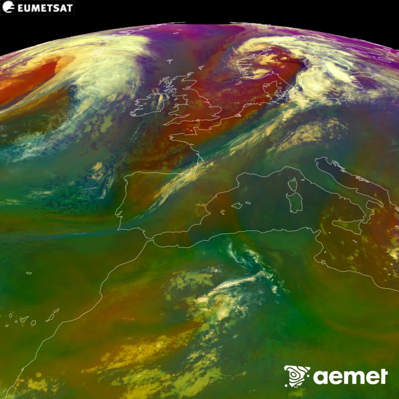 Aquesta imatge RGB es genera utilitzant informaci� de canals infrarojos i de vapor d'aigua del sat�l�lit METEOSAT-12, pertanyent a la tercera generaci� de sat�l�lits Meteosat (MTG). Ens dona una idea de les caracter�stiques de les masses d'aire. Les hores indicades es refereixen a la pen�nsula (una hora menys a les Illes Can�ries).&nbsp;dimecres, 16 de setembre  2026 07:00