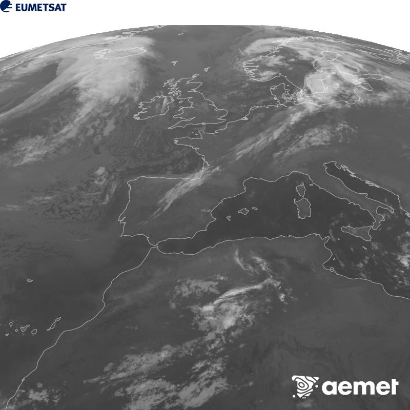 Aquesta imatge es genera utilitzant informaci� del canal Infraroig 10.5 �m del sat�l�lit METEOSAT-12, pertanyent a la tercera generaci� de sat�l�lits Meteosat (MTG). Perqu� la imatge s'assembli m�s a la percepci� de l'ull hum�, l'escala de grises est� invertida. Les hores indicades es refereixen a la pen�nsula (una hora menys a les Illes Can�ries).&nbsp;dimecres, 16 de setembre  2026 07:00