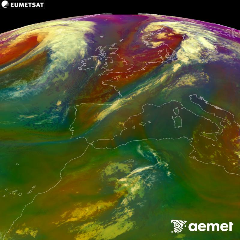 Aquesta imatge RGB es genera utilitzant informaci� de canals infrarojos i de vapor d'aigua del sat�l�lit METEOSAT-12, pertanyent a la tercera generaci� de sat�l�lits Meteosat (MTG). Ens dona una idea de les caracter�stiques de les masses d'aire. Les hores indicades es refereixen a la pen�nsula (una hora menys a les Illes Can�ries).&nbsp;dimecres, 16 de setembre  2026 08:00