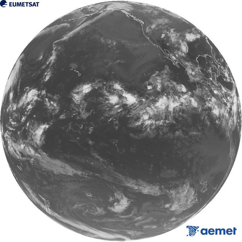Imagen global del canal infrarrojo (longitud de onda 10.3 �m) del sat�lite estadounidense GOES-18. Las horas indicadas se refieren a la pen�nsula (una hora menos en las Islas Canarias).&nbsp;mi�rcoles, 16 septiembre 2026 a las 08:00