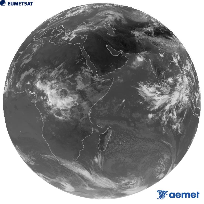 A global image from the infrared channel (wavelength 10.8 �m) of the European geostationary satellite Meteosat-9, part of the second generation of Meteosat satellites. The times shown are for the Iberian Peninsula (one hour earlier in the Canary Islands).&nbsp;Wednesday, 16 September  2026 08:00